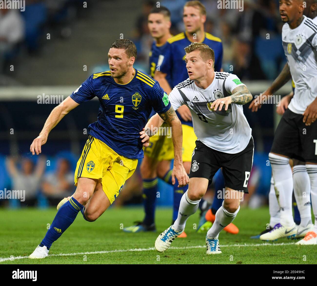 SOCHI, RUSSIA-23 JUNE 2018 Marcus Berg (L) of Sweden vs Toni Kroos during the Russia 2018 World Cup Group F football match between Germany and Sweden Stock Photo