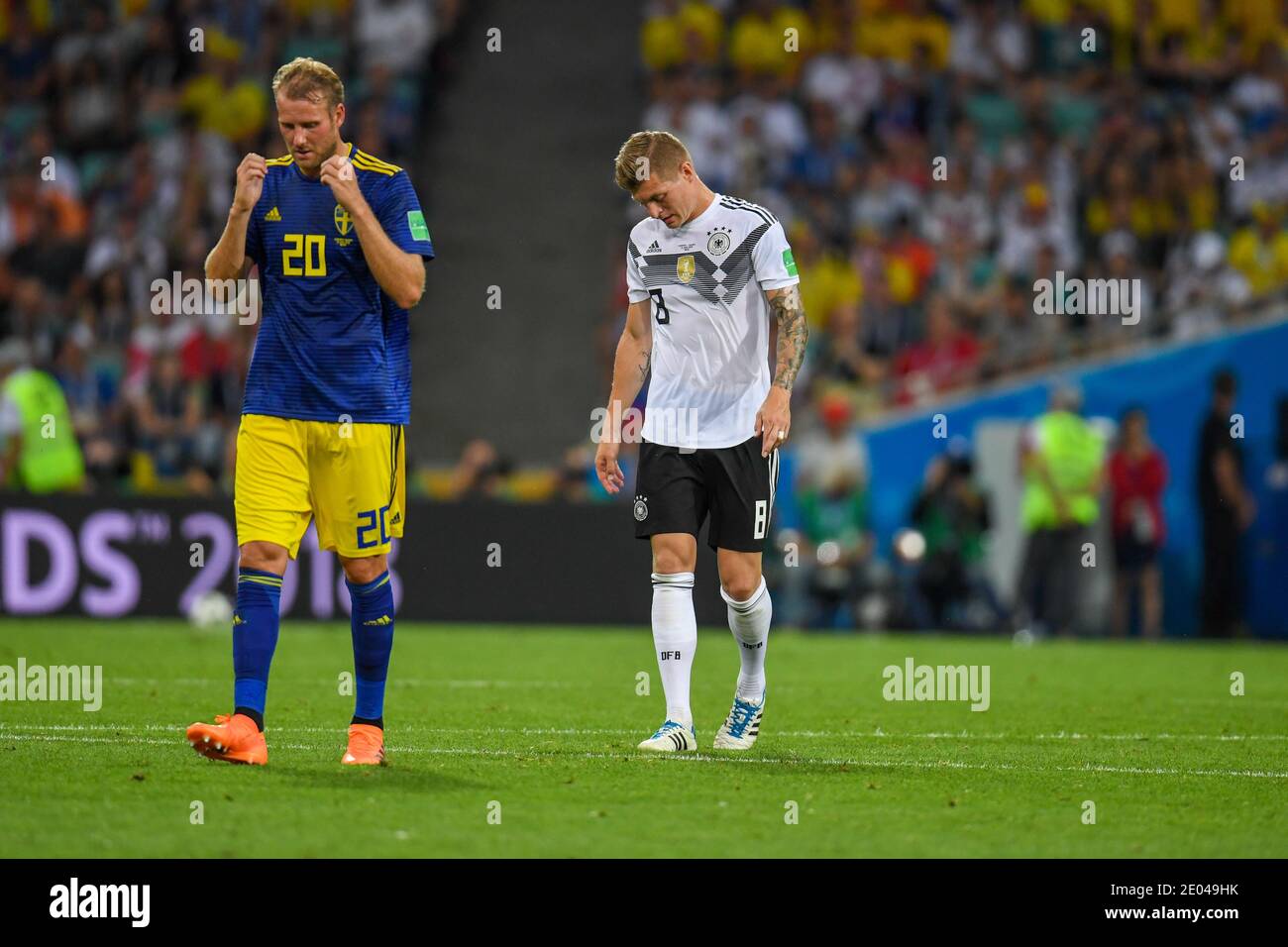 SOCHI, RUSSIA-23 JUNE 2018 Ola Toivonen (L) of Sweden and Toni Kroos of Germany during the Russia 2018 World Cup Group F football match between German Stock Photo