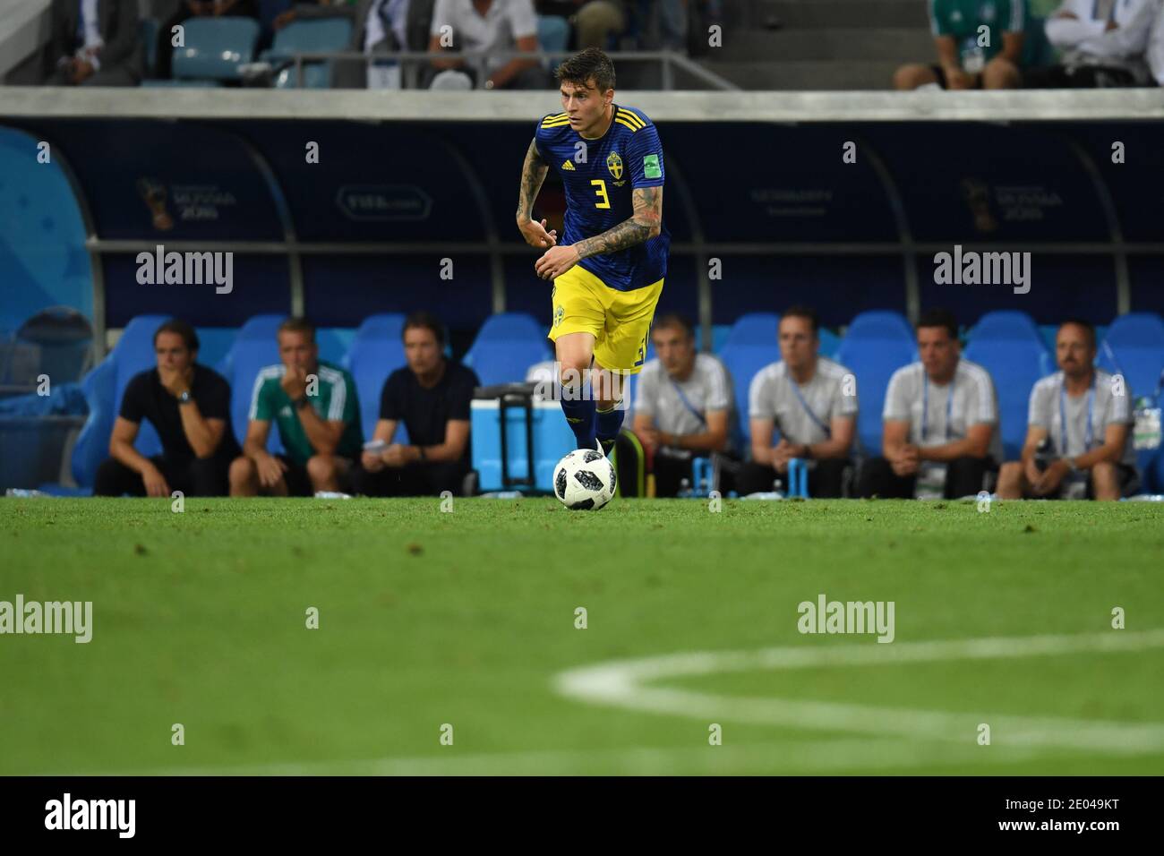 SOCHI, RUSSIA-23 JUNE 2018 Victor Lindelöf of Sweden controlling the ball during the Russia 2018 World Cup Group F football match between Germany and Stock Photo