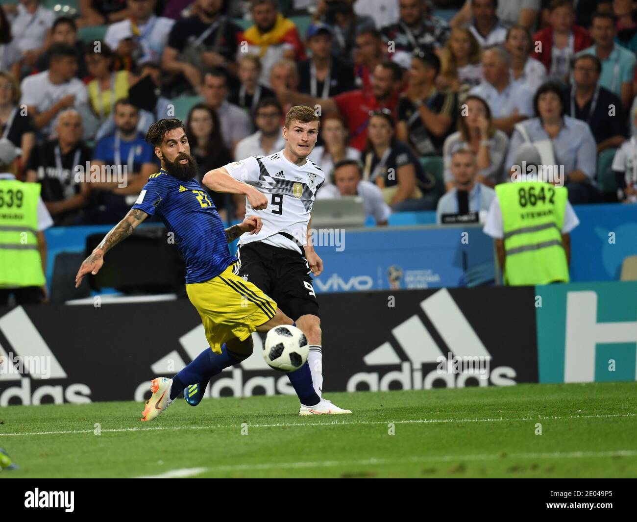SOCHI, RUSSIA-23 JUNE 2018 Jimmy Durmaz (L) of Sweden vs Timo Werner of Germany during the Russia 2018 World Cup Group F football match between German Stock Photo