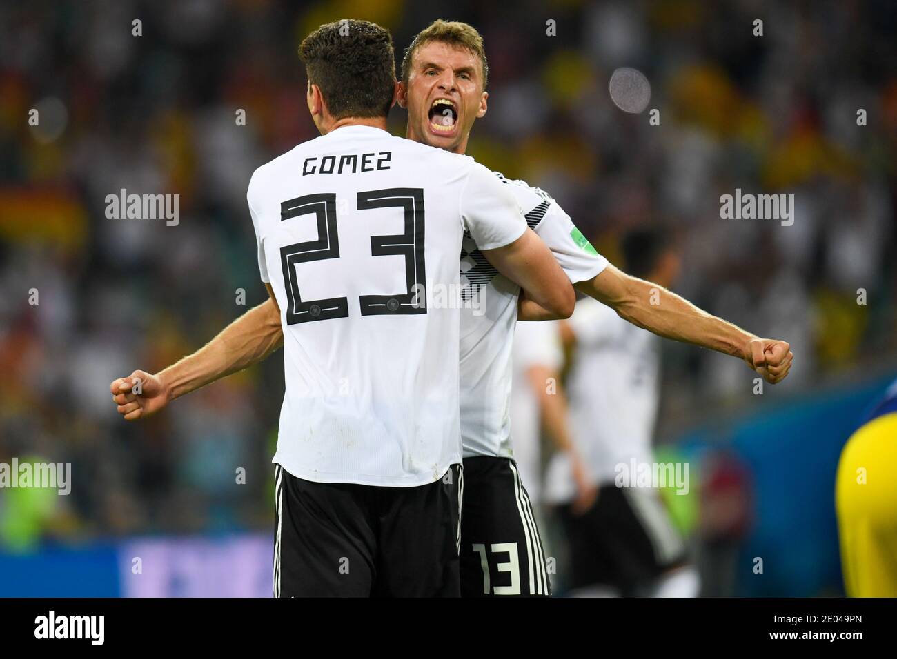 SOCHI, RUSSIA-23 JUNE 2018  Mario Gomez (L) and Thomas Muller of Germany celebrating their team victory during the Russia 2018 World Cup Group F footb Stock Photo