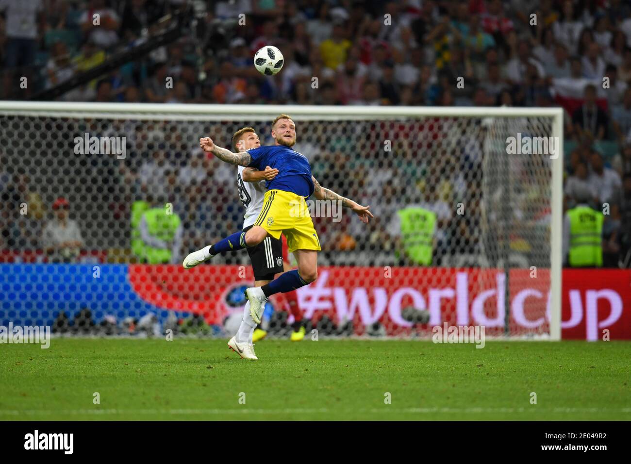 SOCHI, RUSSIA-23 JUNE 2018 Joshua Kimmich (L) of Germany vs Viktor Claesson of Sweden during the Russia 2018 World Cup Group F football match between Stock Photo