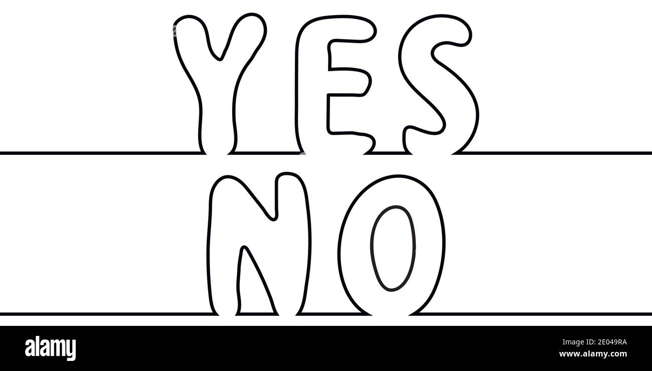 Text word yes to no, one line drawing, vector cartoon letters yes no one line drawing stylus Stock Vector