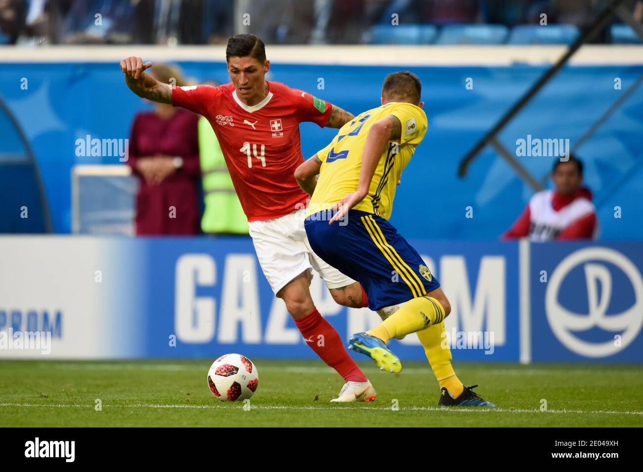 Saint Petersburg Russia 3 July 2018 Steven Zuber L Of Switzerland Vs Mikael Lustig Of Sweden During The 2018 Fifa World Cup Russia Round Of 16 Ma Stock Photo Alamy