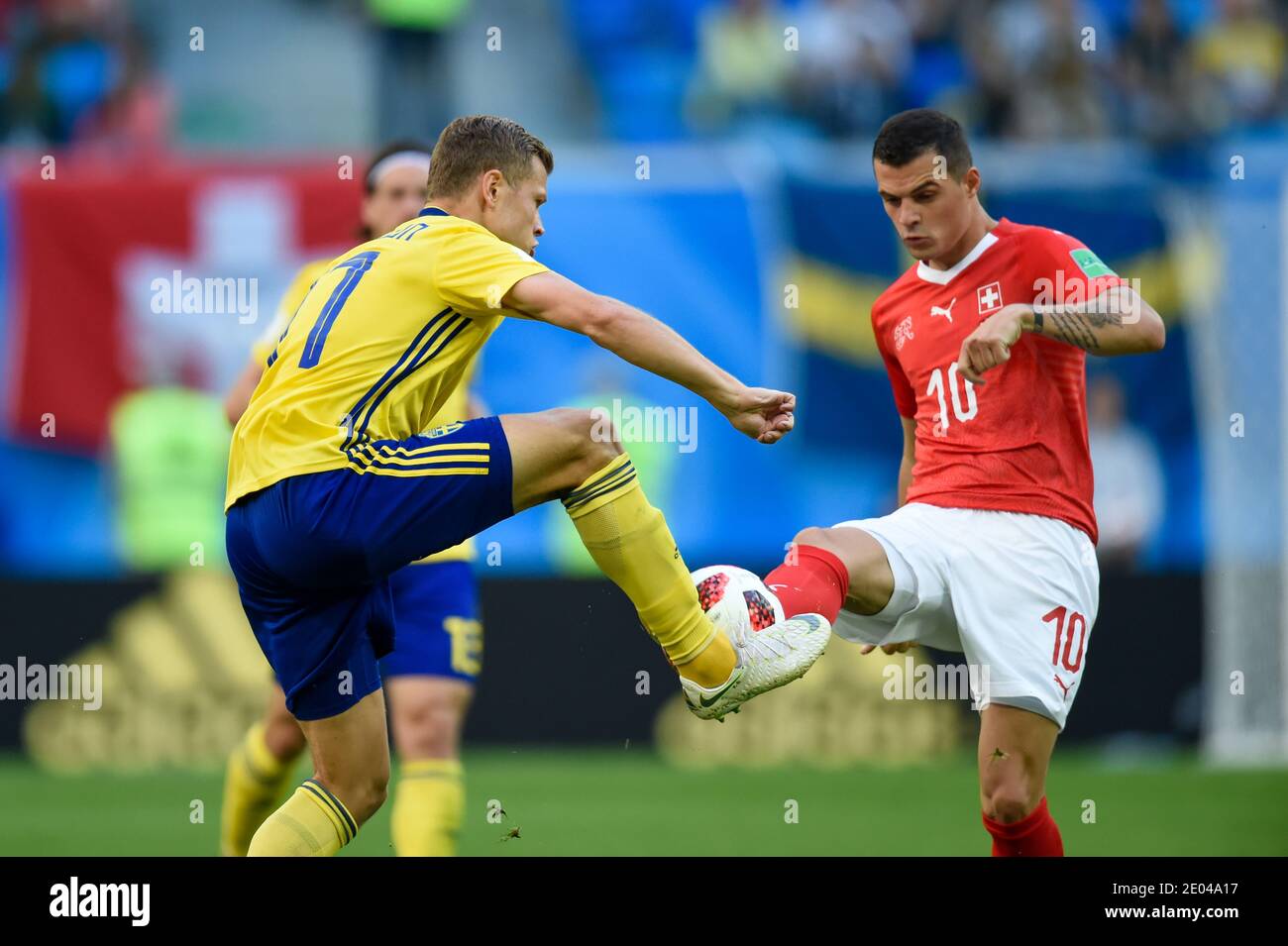 Saint Petersburg Russia 3 July 2018 Viktor Claesson L Of Sweden Vs Granit Xhaka Of Switzerland During The 2018 Fifa World Cup Russia Round Of 16 Stock Photo Alamy