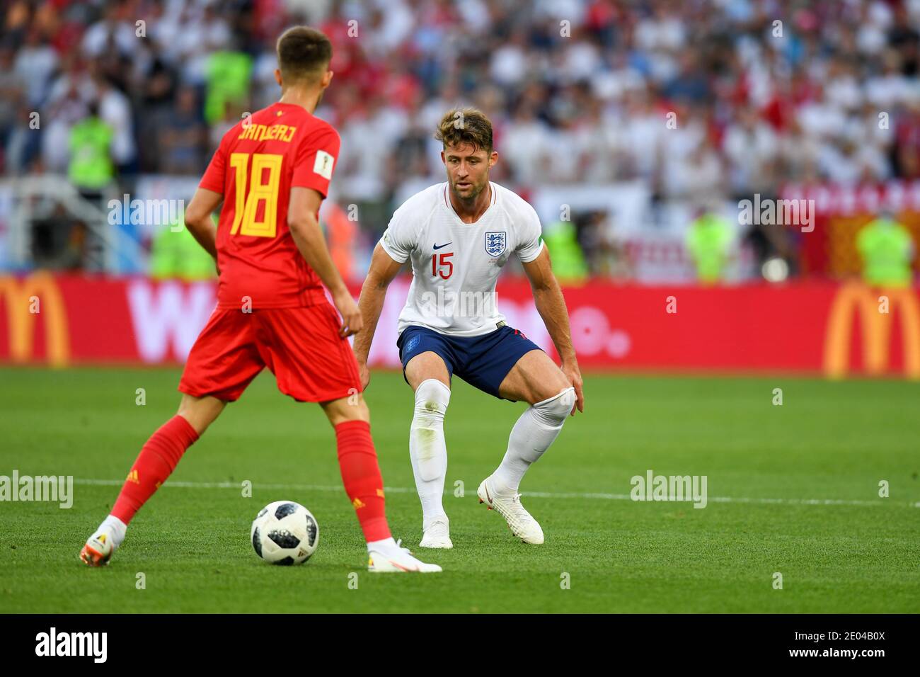 KALININGRAD, RUSSIA 28 June 2018 Adnan Januzaj (L) of Belgium vs Gary Cahill of England during the 2018 FIFA World Cup Russia group G match between En Stock Photo