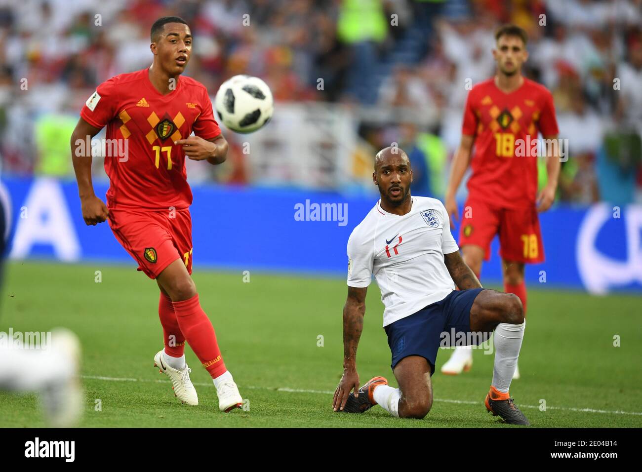 KALININGRAD, RUSSIA 28 June 2018 Yannick Carrasco (L) of Belgium & Fabian Delph of England during the 2018 FIFA World Cup Russia group G match between Stock Photo
