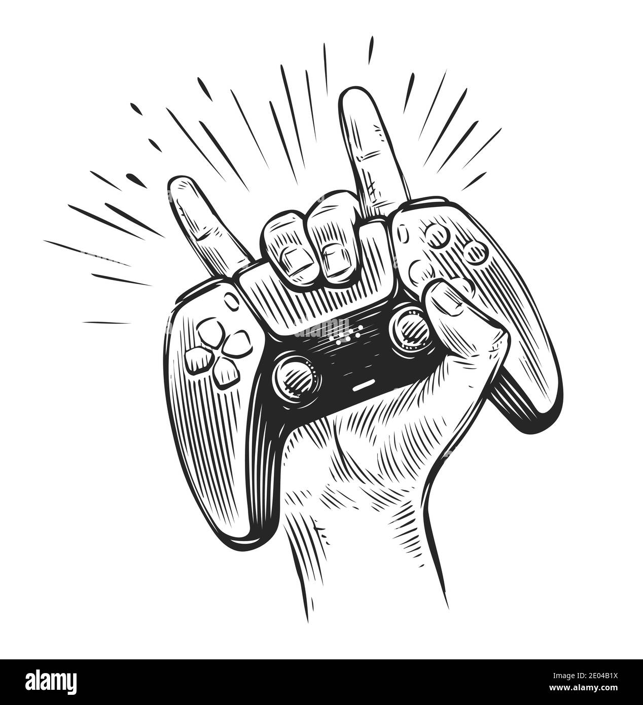 Game controller in hand. Video gamepad sketch vector Stock Vector