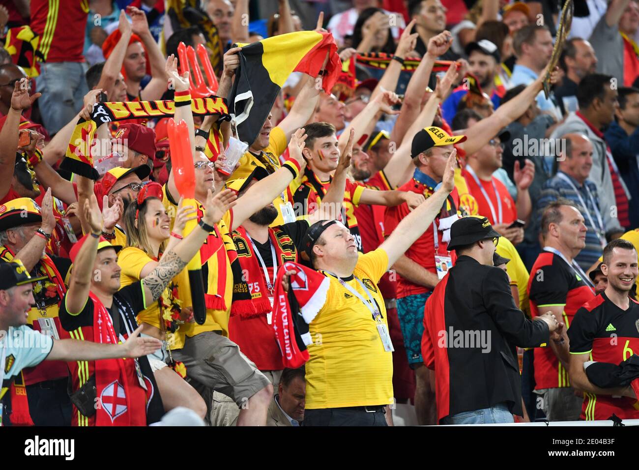KALININGRAD, RUSSIA 28 June 2018 Belgium fans cheer at the Russia 2018 World Cup Group G football match between England and Belgium Stock Photo