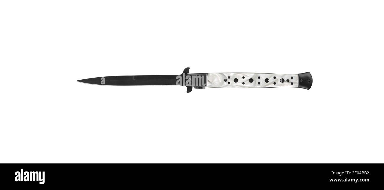 Switchblade pocket knife isolated on white background. Black penknife