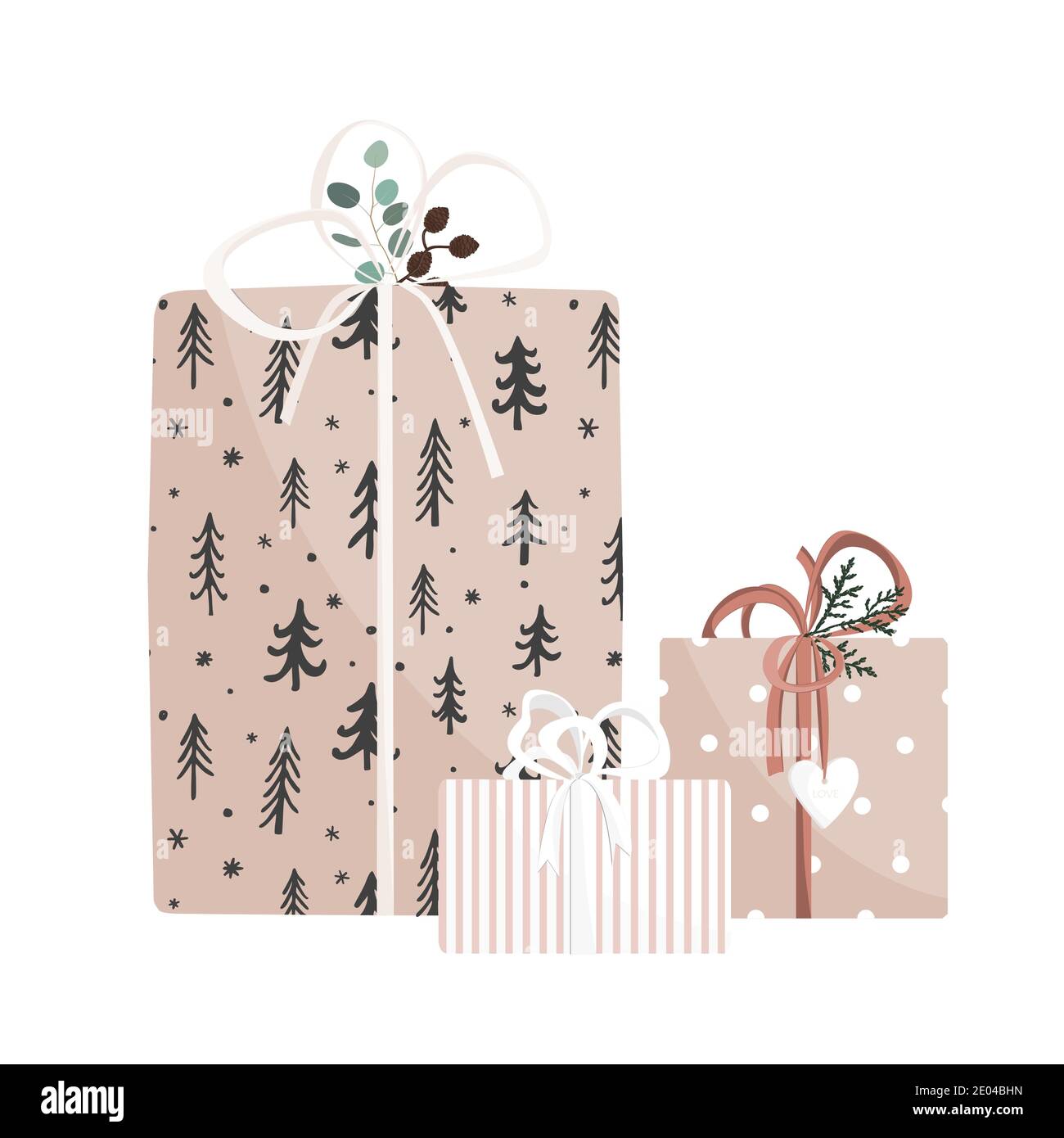 Christmas and New Year hand drawn gifts on white background. Set of cute giftboxes. Vector illustration. Collection of xmas or birthday presents Stock Vector