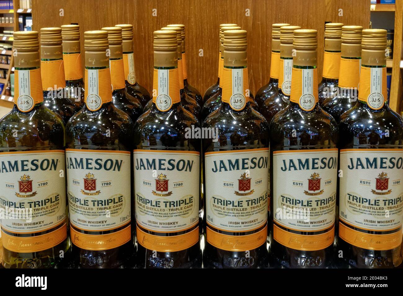 Jameson Whiskey on display at World Duty Free shop at London Stansted Airport Essex England United Kingdom UK Stock Photo