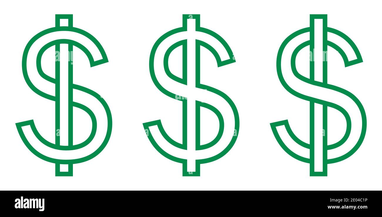 Set icon money symbol dollar, letter S intertwined with vertical stripe, vector set currency dollar sign green Stock Vector