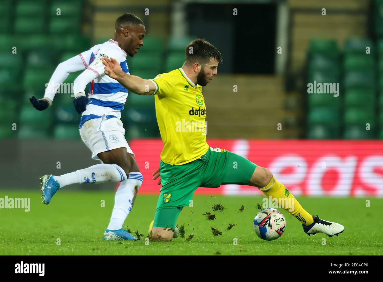 Norwich, Norfolk, UK. 29th December 2020; Carrow Road, Norwich, Norfolk, England, English Football League Championship Football, Norwich versus Queens Park Rangers; Grant Hanley of Norwich City miscontrols the ball Credit: Action Plus Sports Images/Alamy Live News Stock Photo