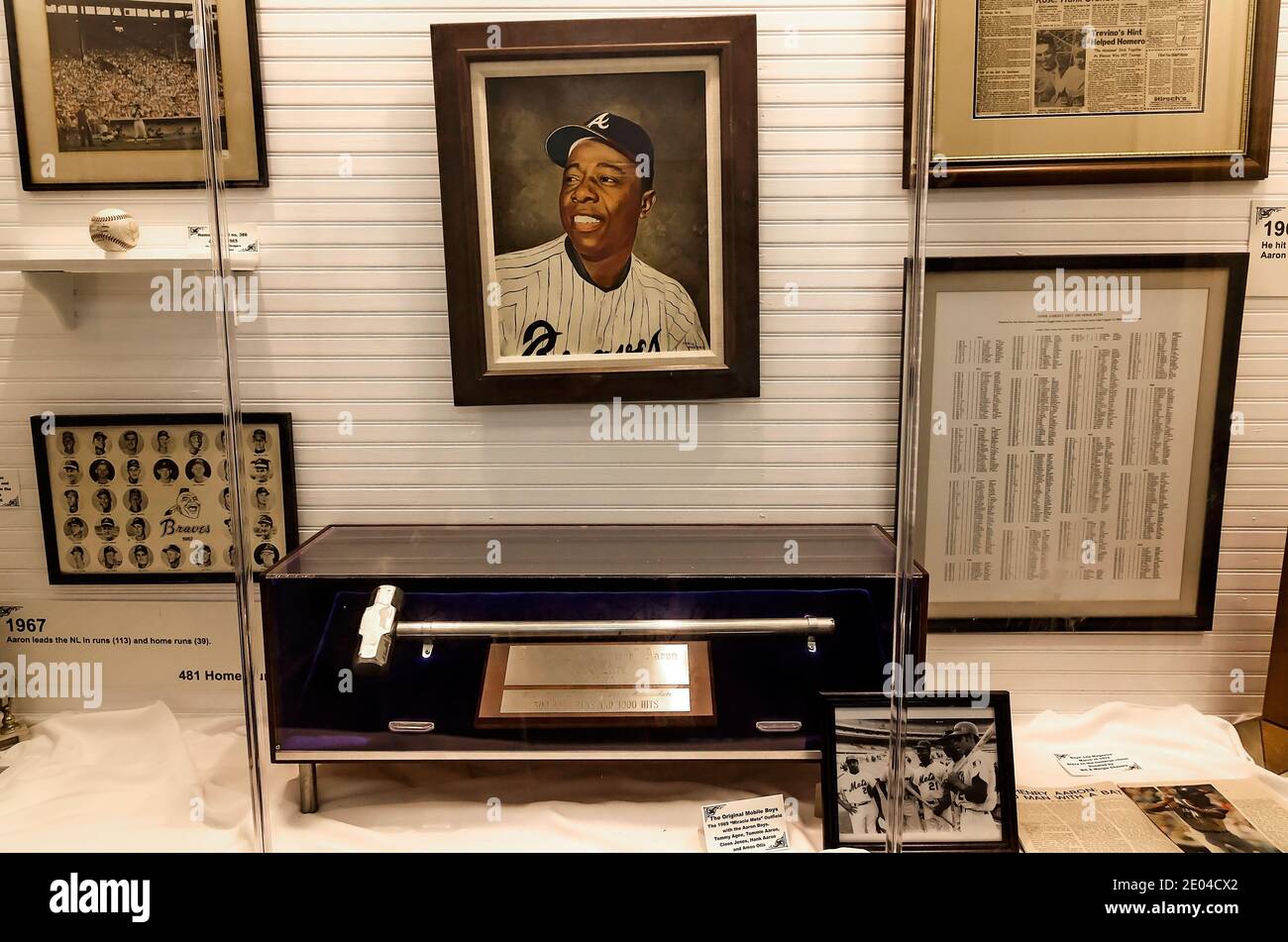The Hank Aaron Childhood Home and Museum displays memorabilia from the baseball player’s life, Aug. 23, 2017, in Mobile, Alabama. Stock Photo