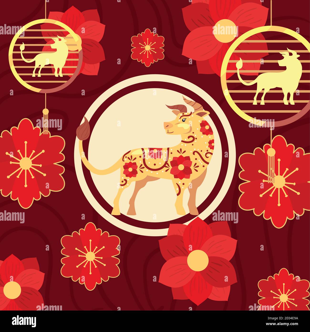 Chinese new year 2021 bull with red flowers design, China culture asia