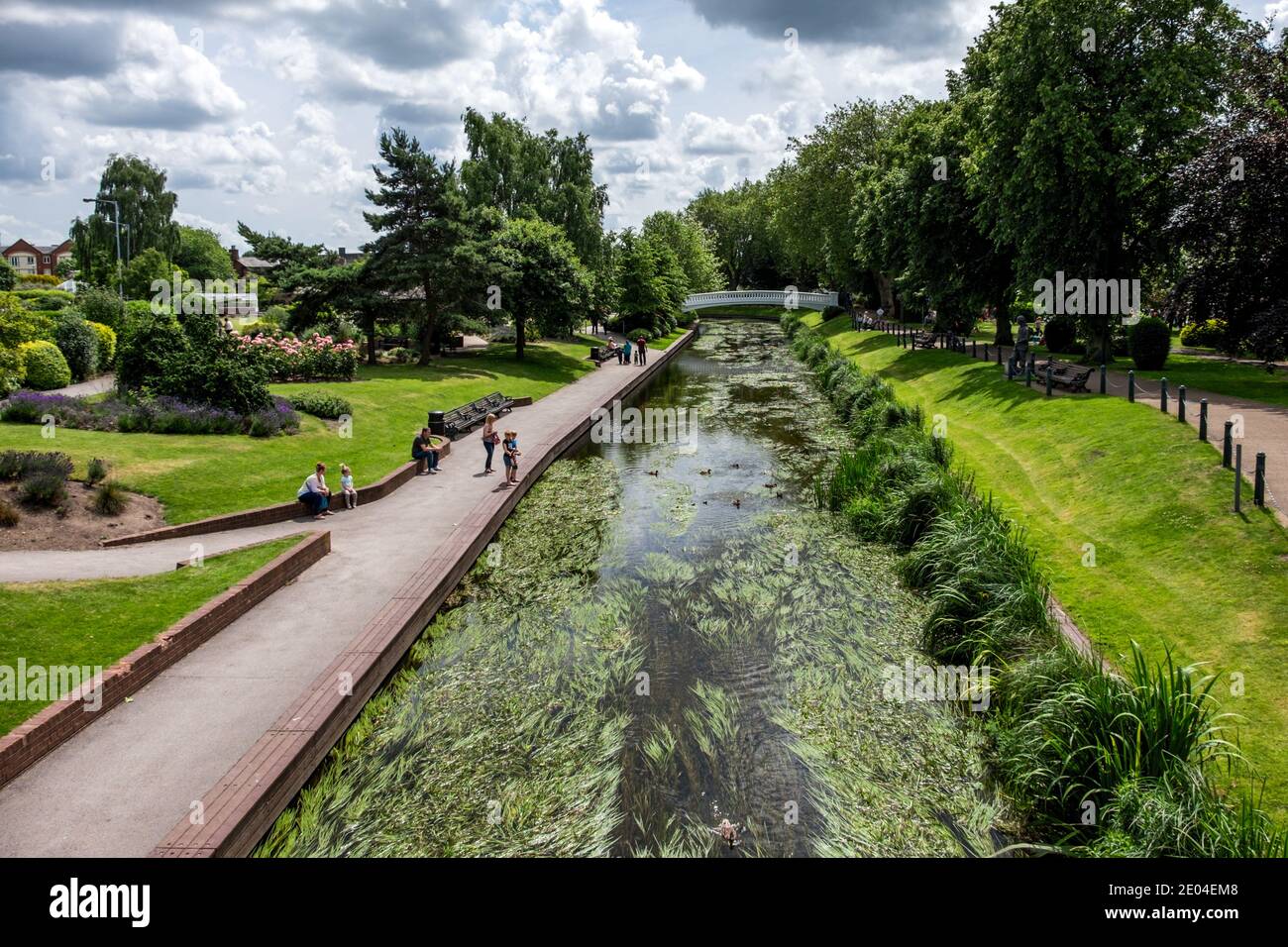 The River Sow flowing through Victoria Park in the centre of Stafford in Staffordshire. Stock Photo