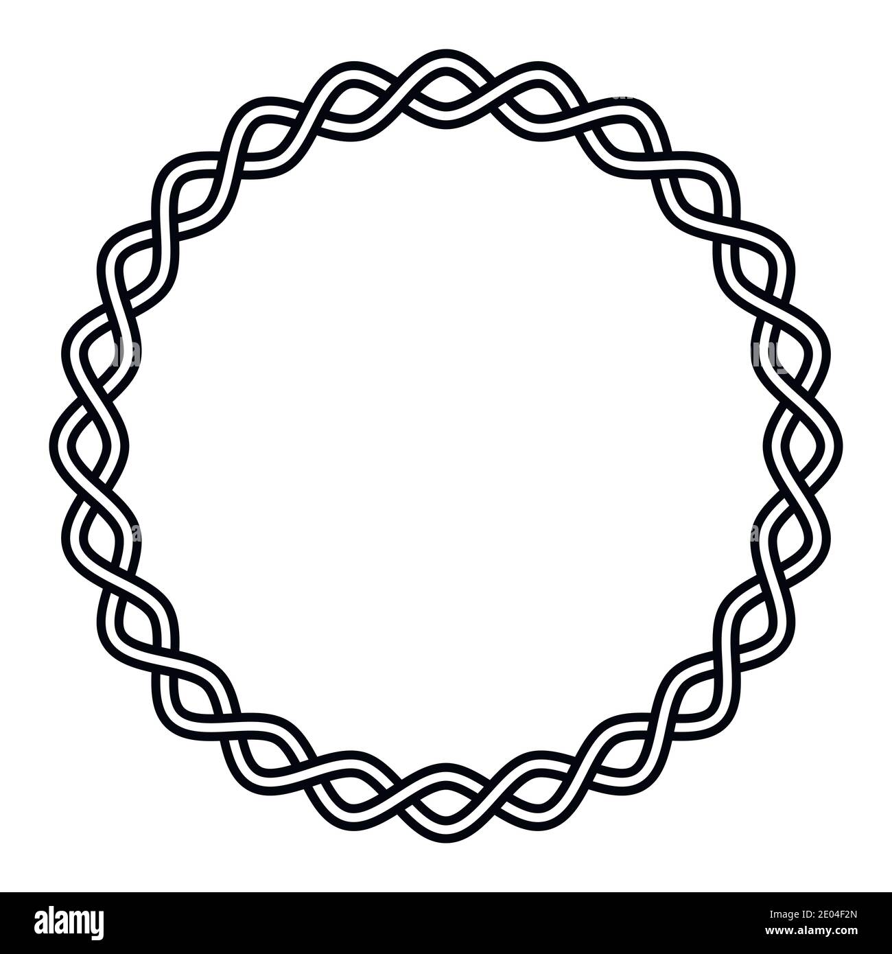 Round frame braided cable, wavy intersecting lines in circle, vector vignette pattern decoration, ornament Stock Vector