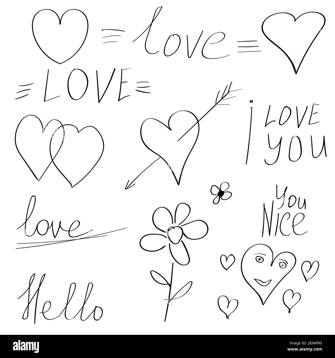 Valentine Day elements doodle hand drawn, calligraphy vector comic sketch set, Declaration love, first love Stock Vector