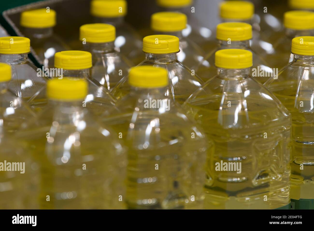 Bottles of vegetable oil on sale in a supermarket in the UK Stock Photo