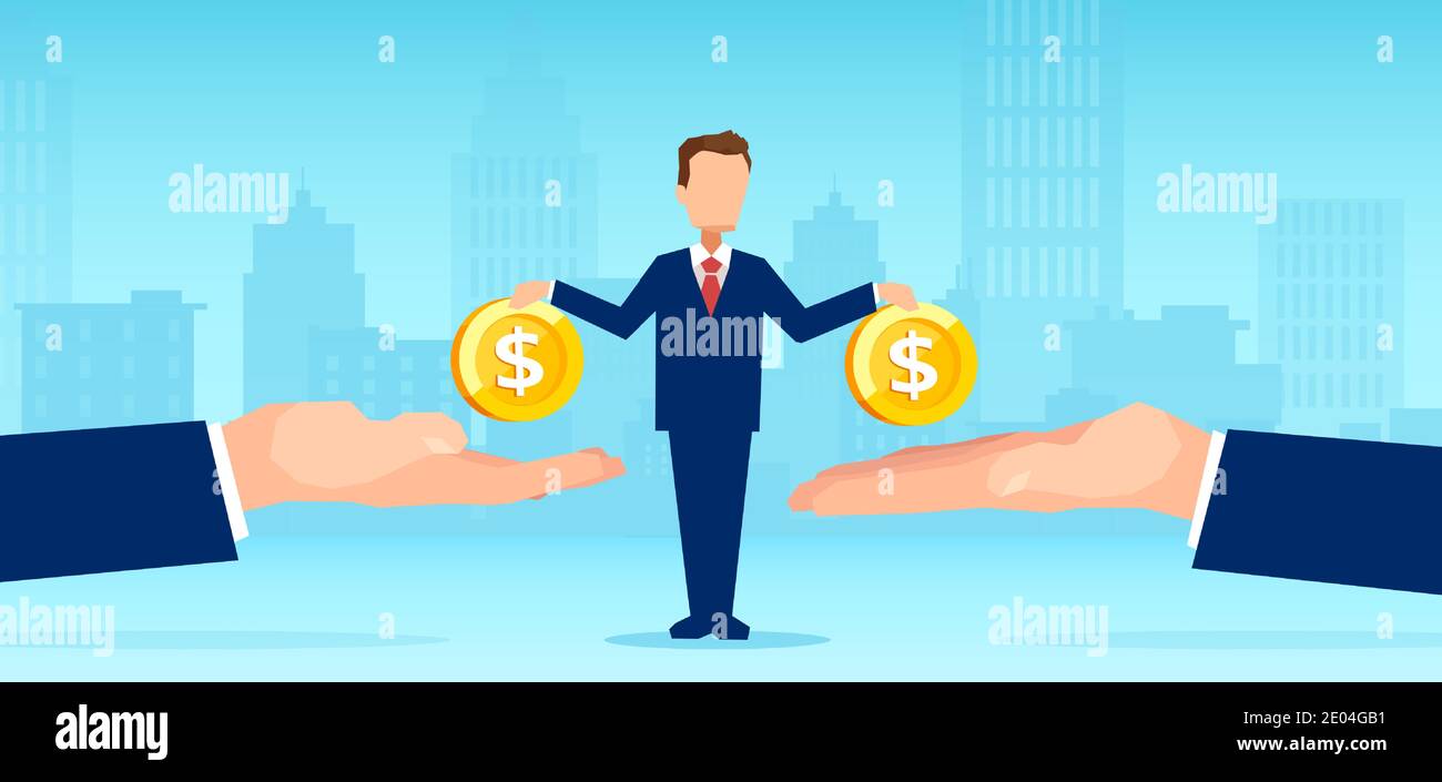 Vector of a small business man owner paying money to big creditors Stock Vector
