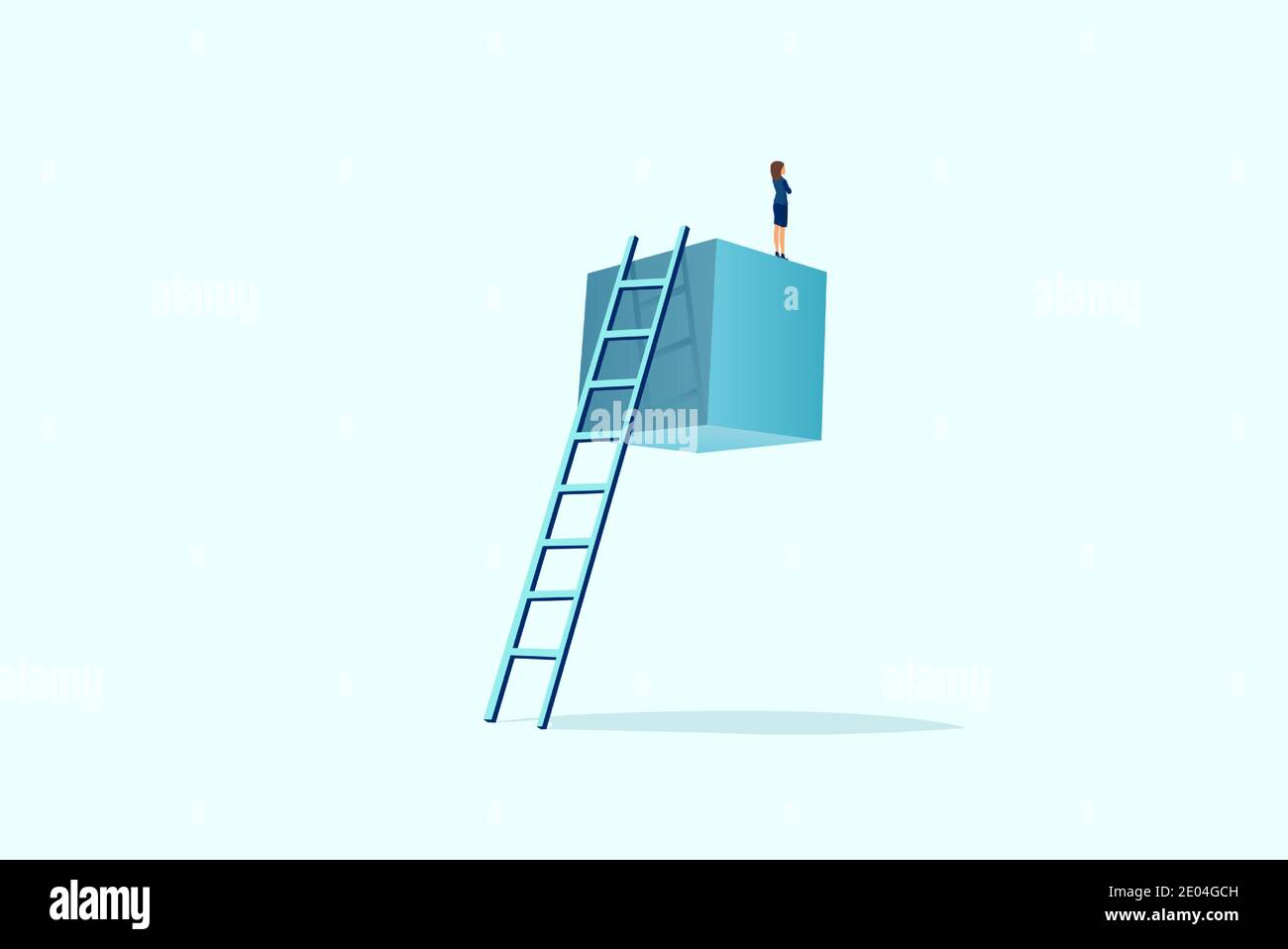 Vector of a businesswoman standing on the top of suspended cube looking into the future Stock Vector