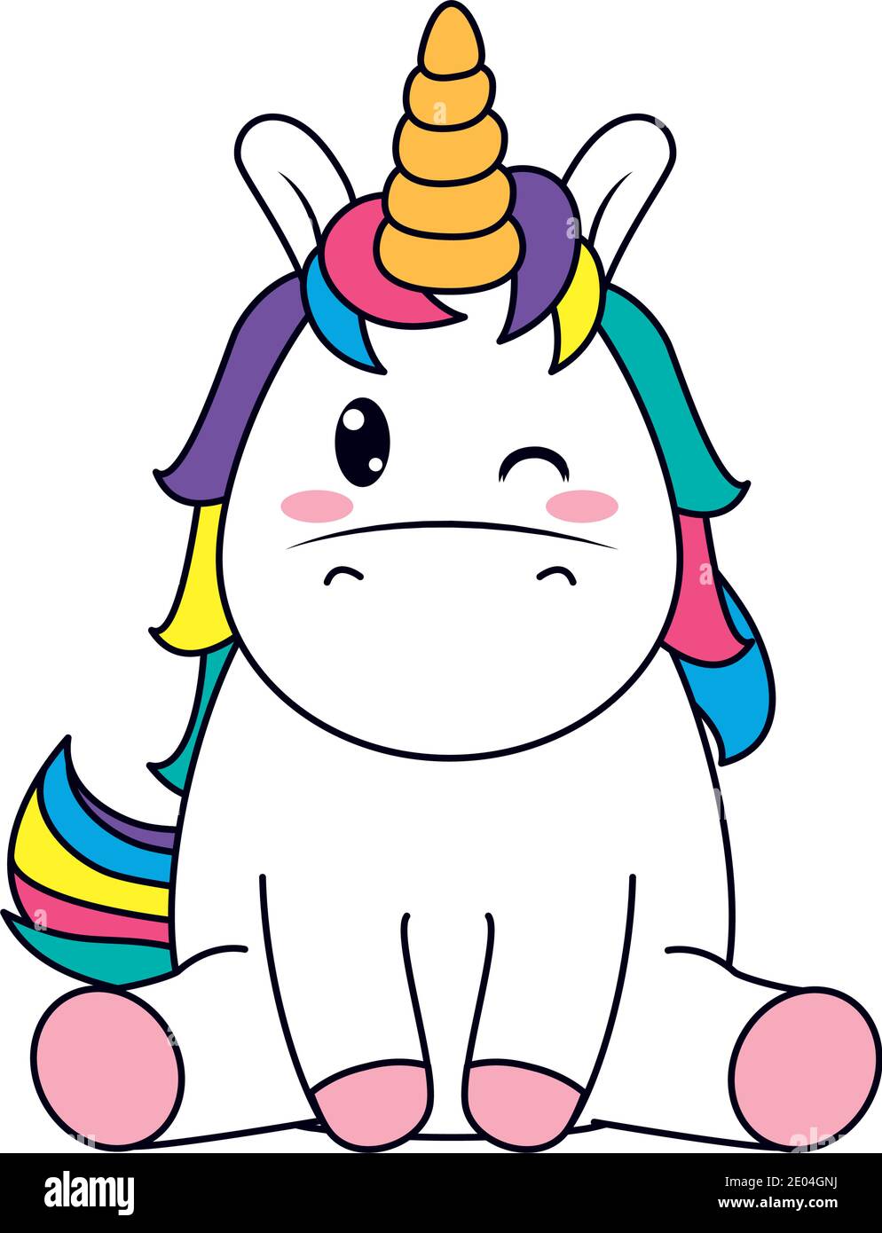 cute unicorn sitting winking the eye over white background, line and fill style, vector illustration Stock Vector
