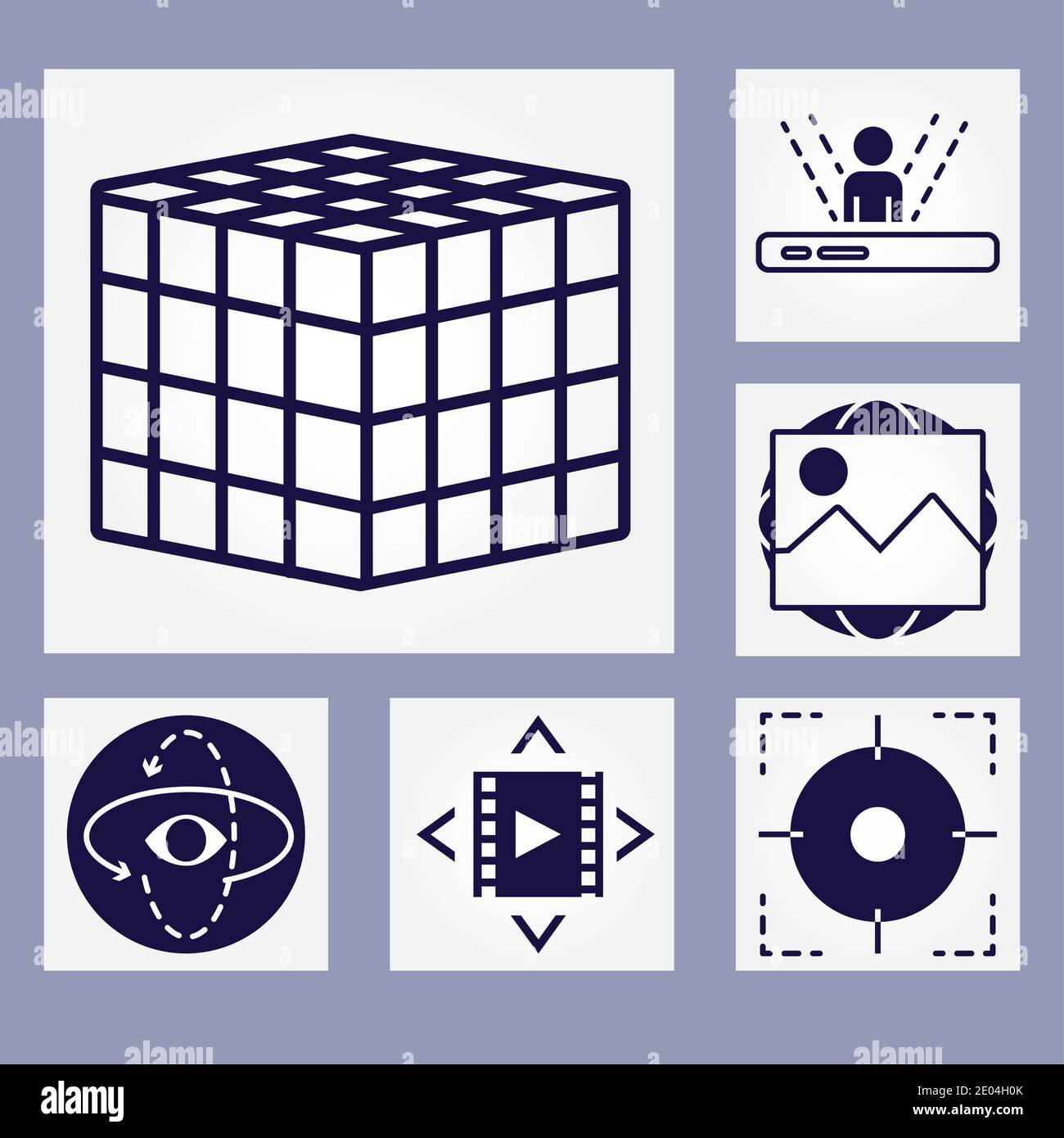 augmented reality icons set over purple background, line style, vector