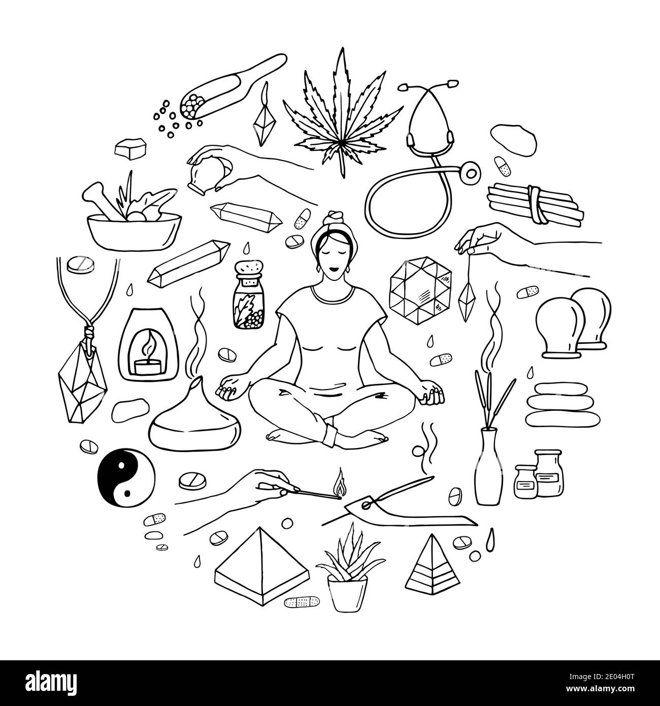 A set of doodles on the topic of alternative medicine. Hand drawing. Contour drawing. Stock Vector