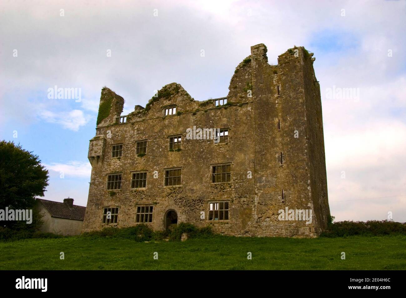 Sitting prominently at the junction of the Ballyvaughan, Kilfenora and Corofin roads, Leamaneh castle is an impressive gothic pile stuck onto a tower Stock Photo