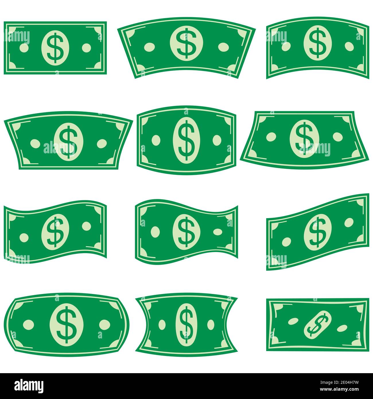 Set of dollar bill money banknotes, with different deformation, vector symbol icons, bill dollar sign curved currency banknotes Stock Vector