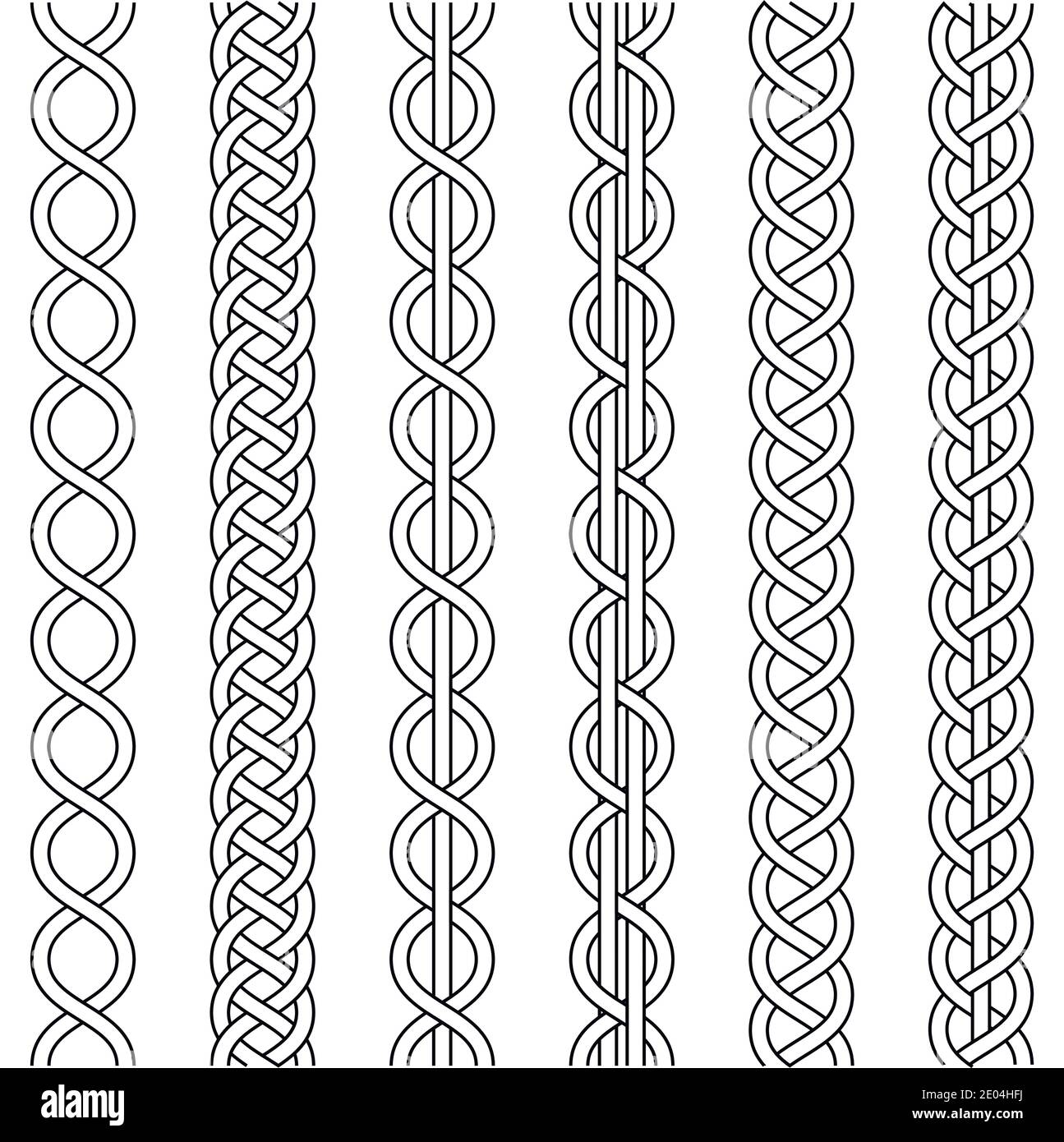 Rope cable weaving, knot twisted braid, macrame crochet weaving, braid knot, vector knitted braided pattern intersecting strands wicker, set Stock Vector