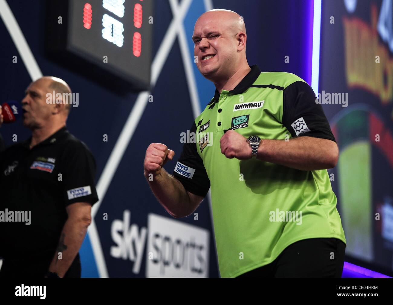 Michael Gerwen celebrates after hitting a 180 during day of the William Hill World Darts Championship at Alexandra Palace, London Stock Photo - Alamy