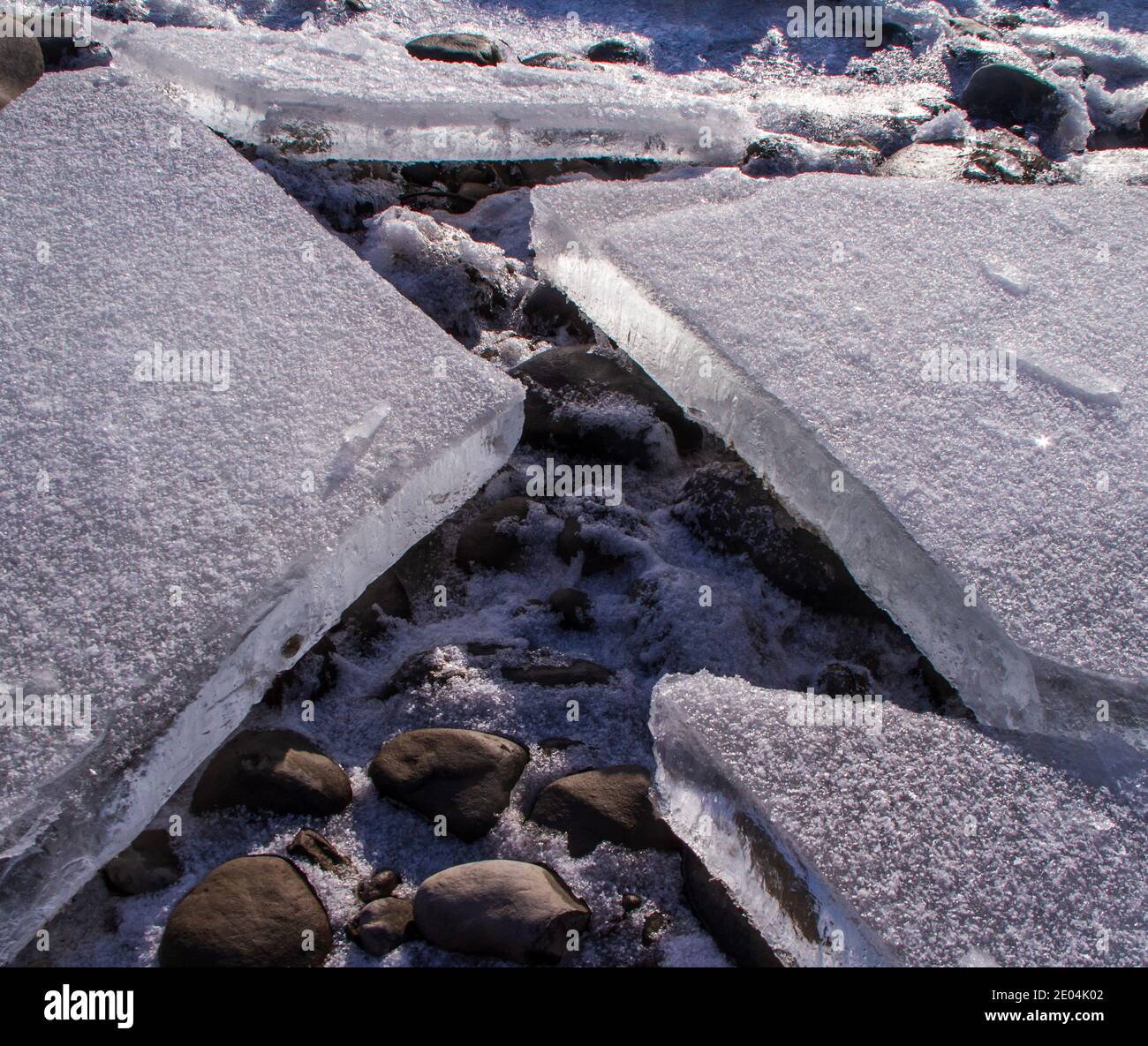 Slabs of ice at the Liard River on the Alaska Hwy in northern BC, Canada, in winter.  -40 Celsius. Stock Photo