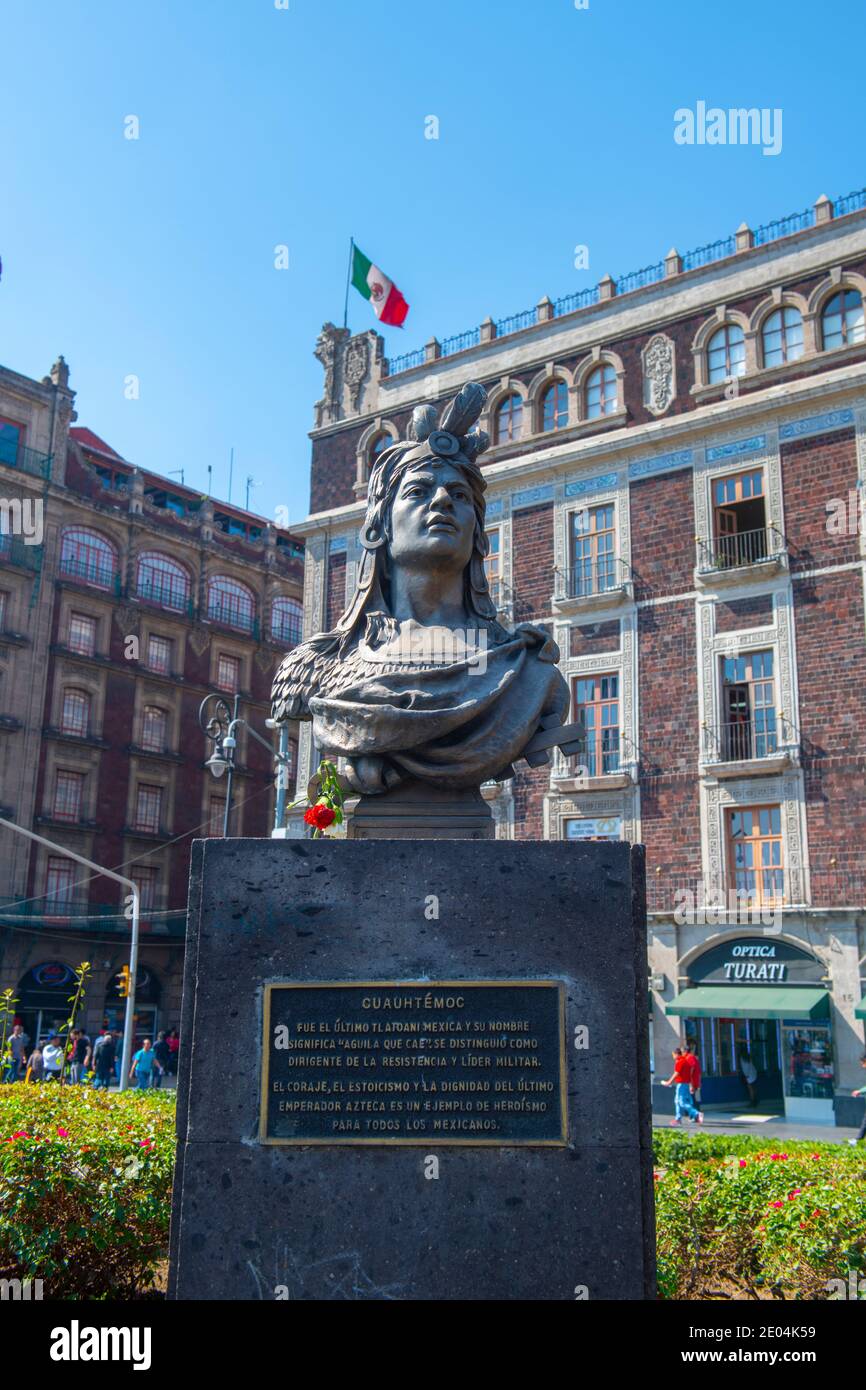 Cuauhtemoc statue in Zocalo in historic center of Mexico City, CDMX, Mexico. Cuauhtemoc is the last Aztec Emperor and ruler of Tenochtitlan from 1520 Stock Photo
