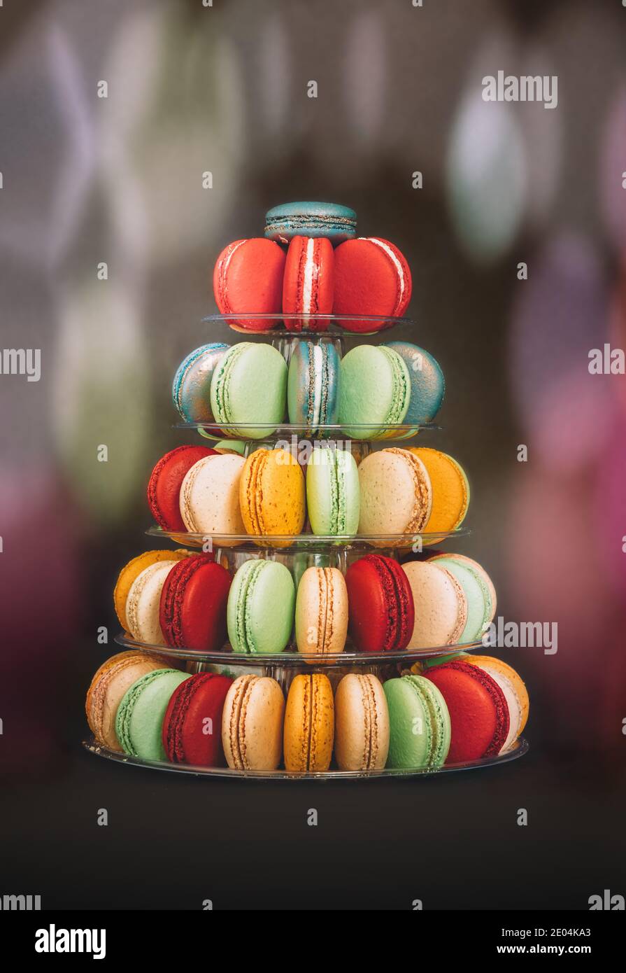 Tray with colorful macaroons in the shape of a christmas tree Stock Photo
