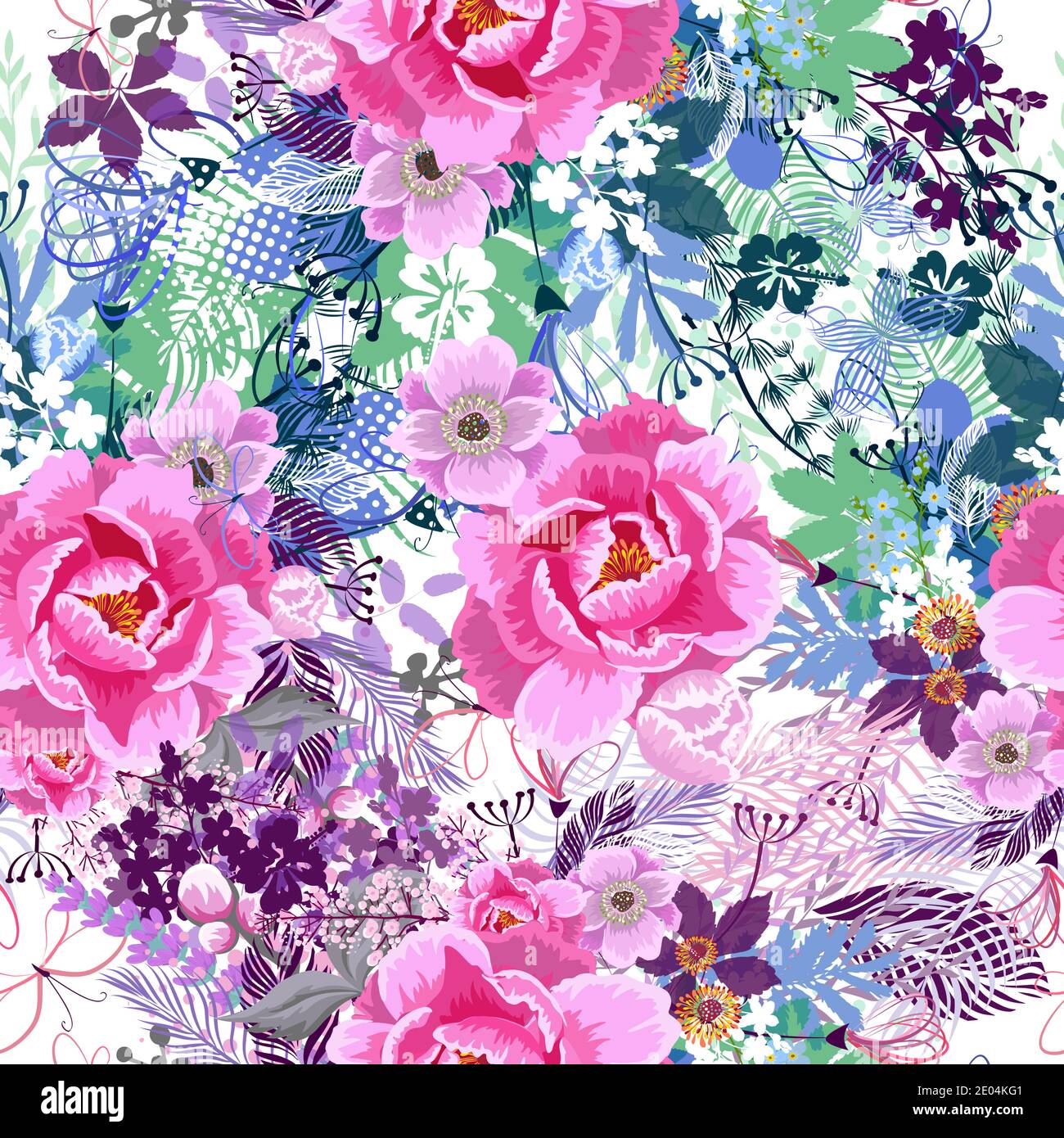 A seamless background with red and blue flowers and leaves. Vector ...