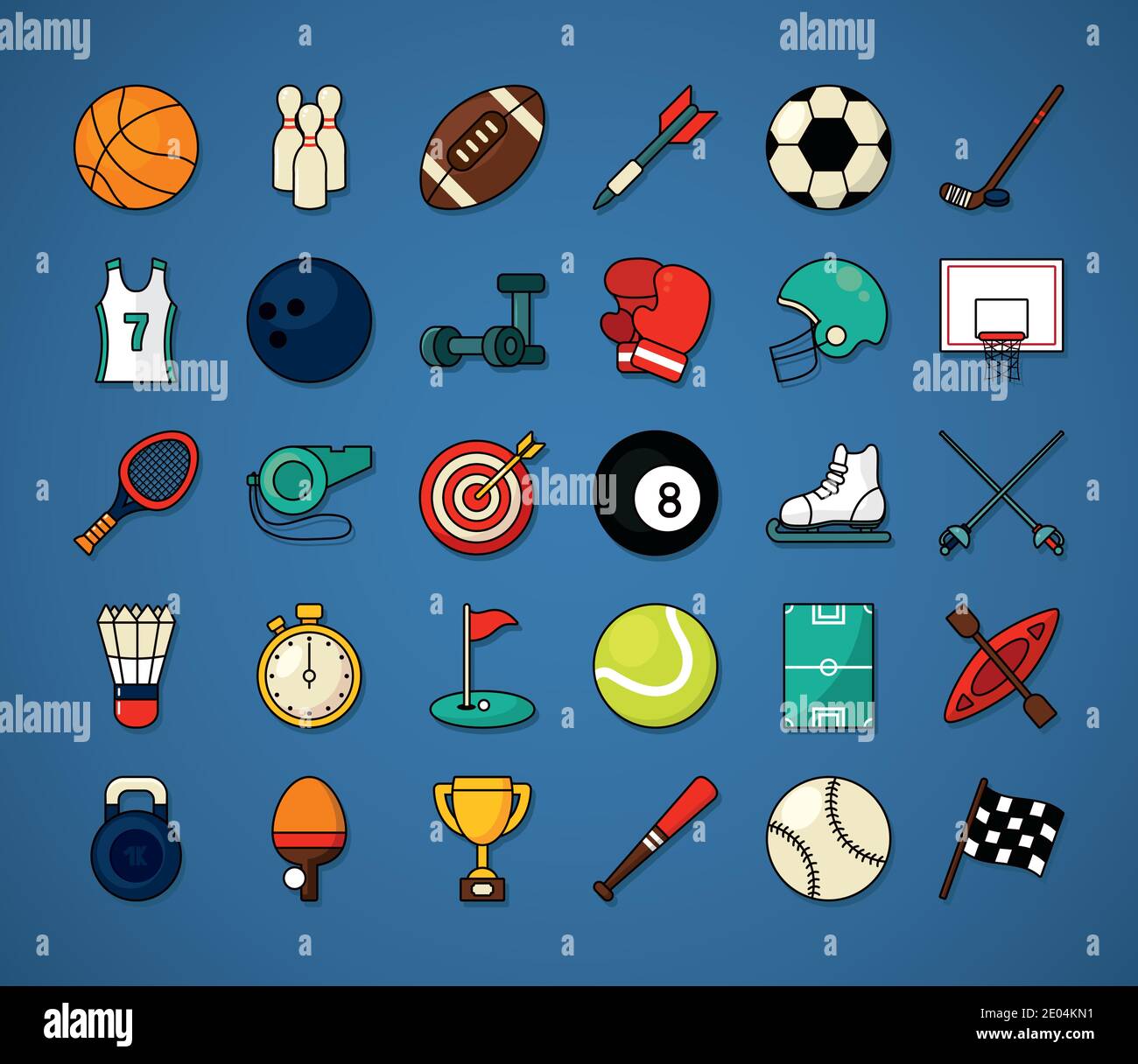 Sports Icons Set Over Blue Background, Line And Fill Style, Vector ...