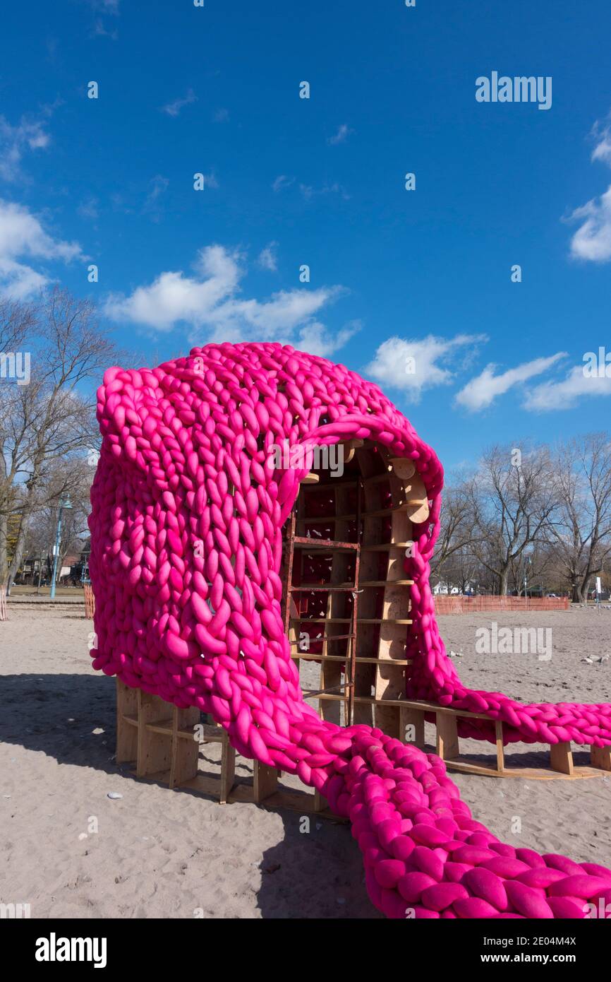A sculpture entitled 'Pussy Hut created in protest to a controversial 2016 Trump comment at the annual winter beach art competition in Toronto Canada Stock Photo