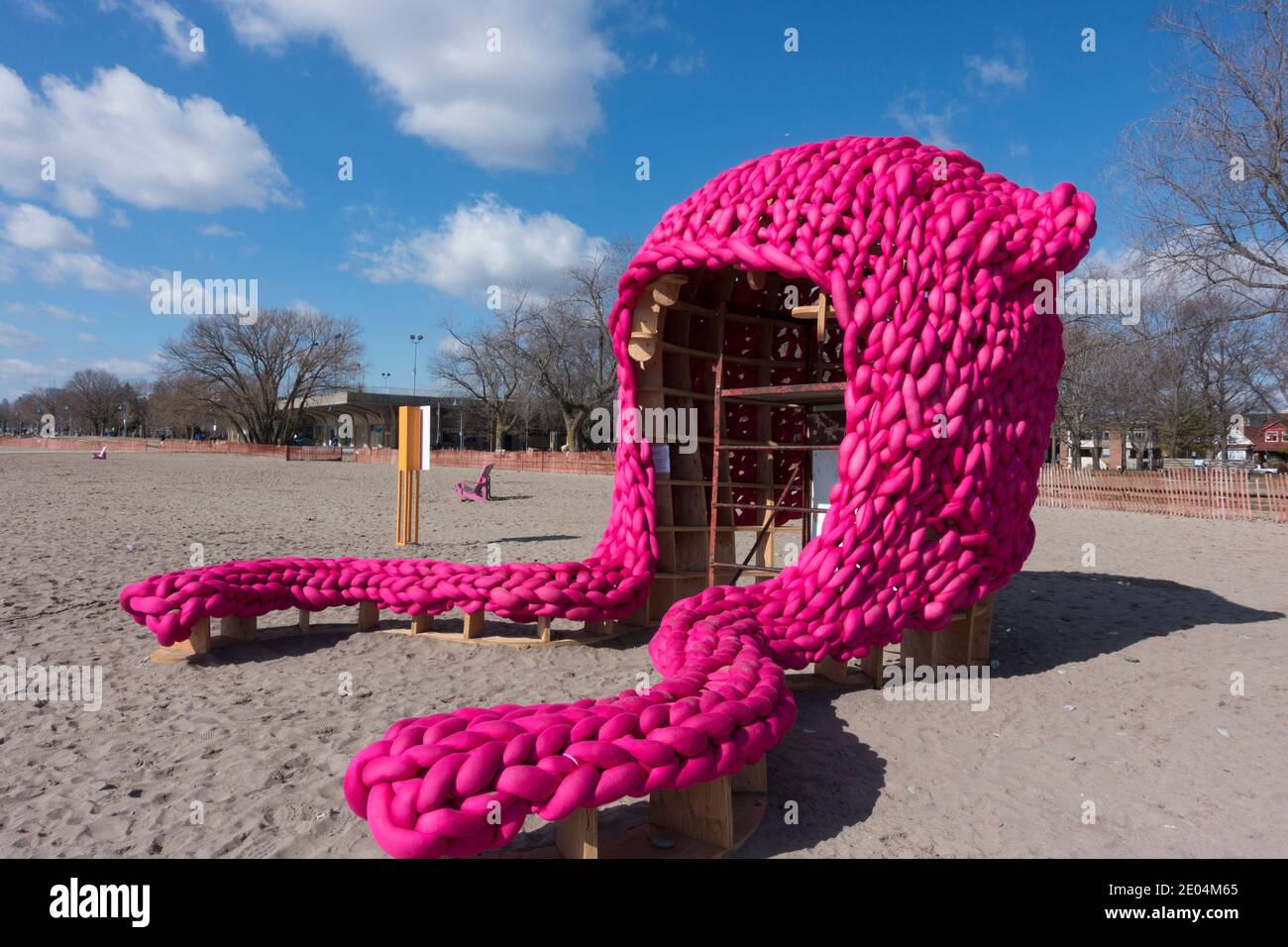 A sculpture entitled 'Pussy Hut created in protest to a controversial 2016 Trump comment at the annual winter beach art competition in Toronto Canada Stock Photo