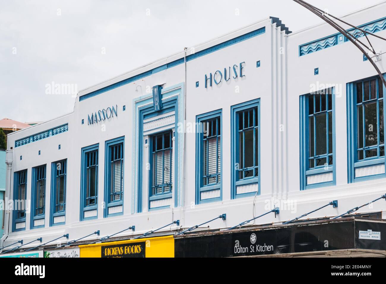 Masson House, a high street building in Napier, New Zealand, designed with an Art Deco style facade which was popular in the 1930s, when it was built Stock Photo