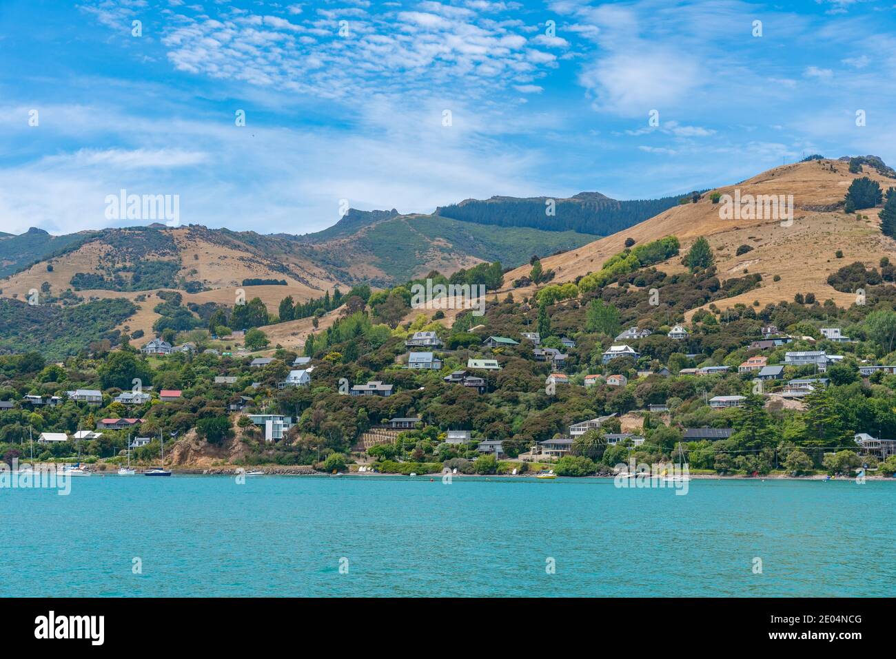 Residential houses in Akaroa at Banks peninsula, New Zealand Stock