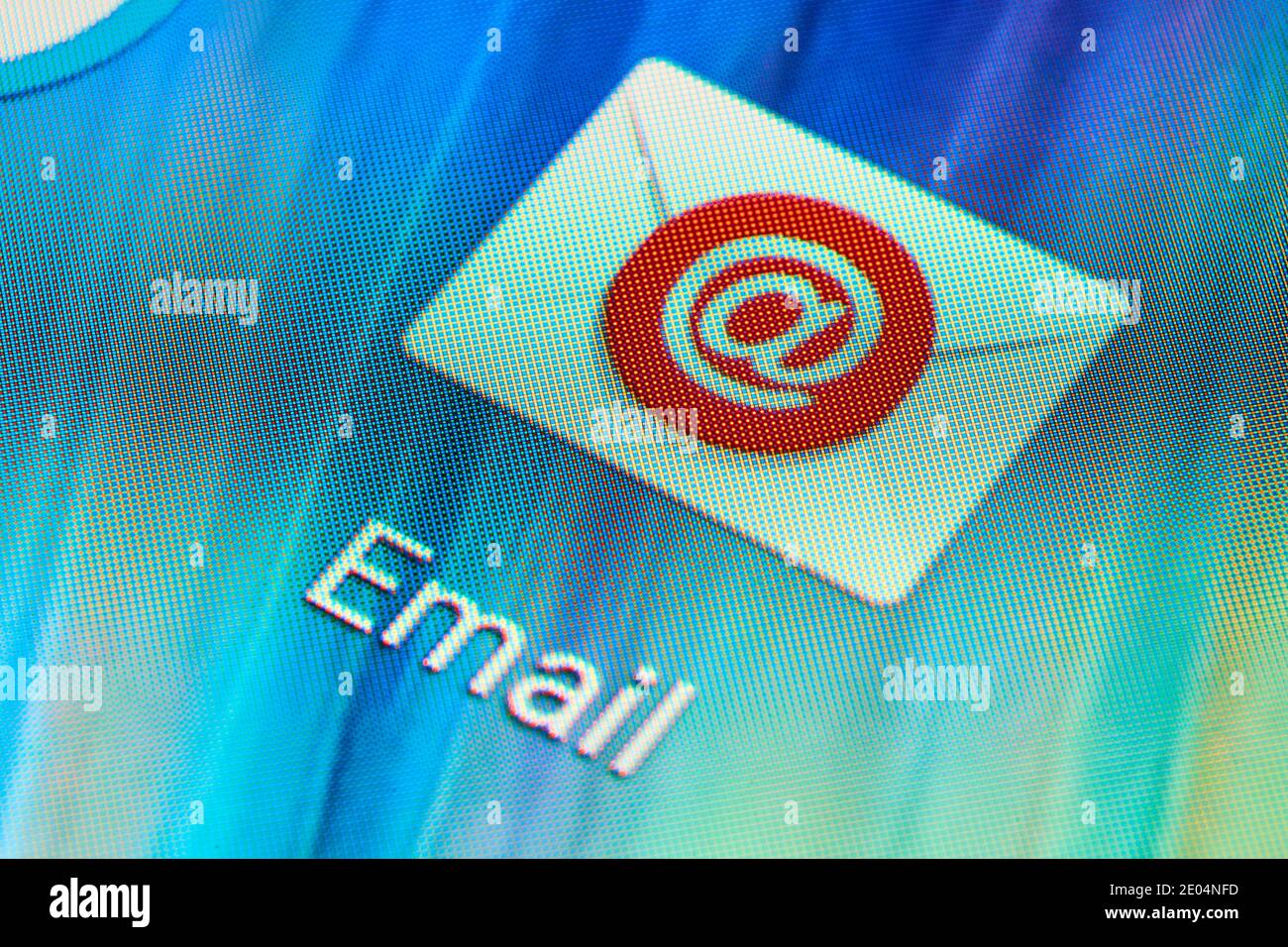 BUENOS AIRES, ARGENTINA - JULY 18, 2019: Macro shot of email mobile application icon on Android phone screen. Common emailing app. Stock Photo