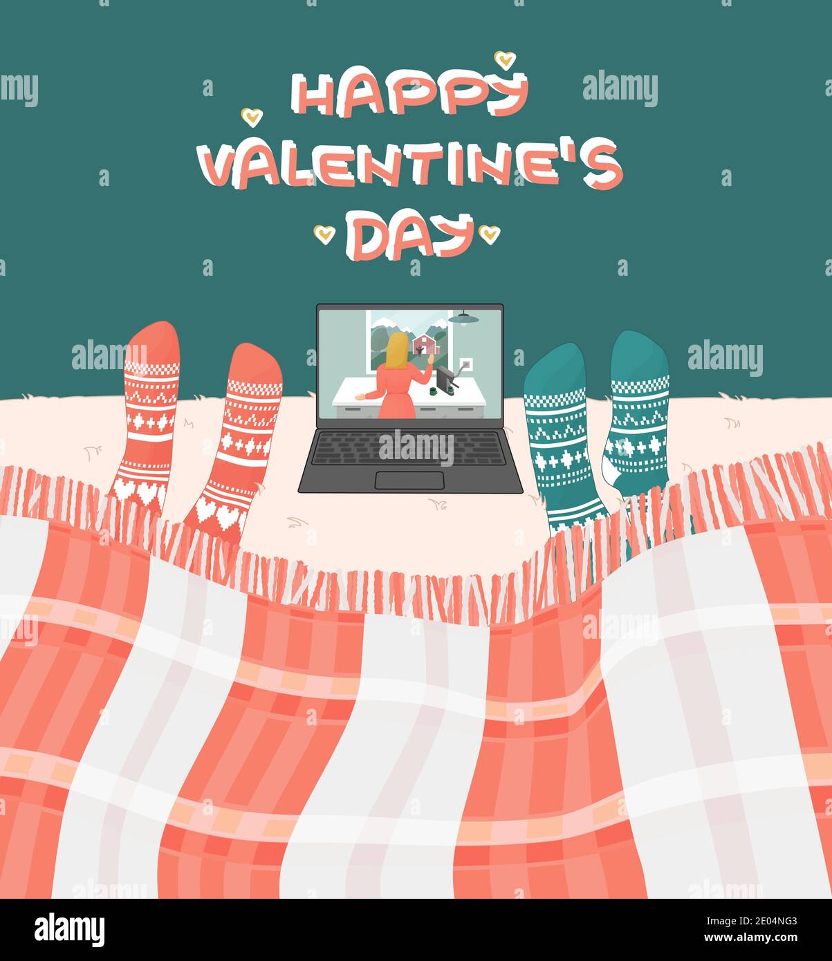 Pink White Happy Valentines day text is on the wall. Two people are on the bed under the plaid in knitted patterned socks with hearts, laptop shows mo Stock Vector