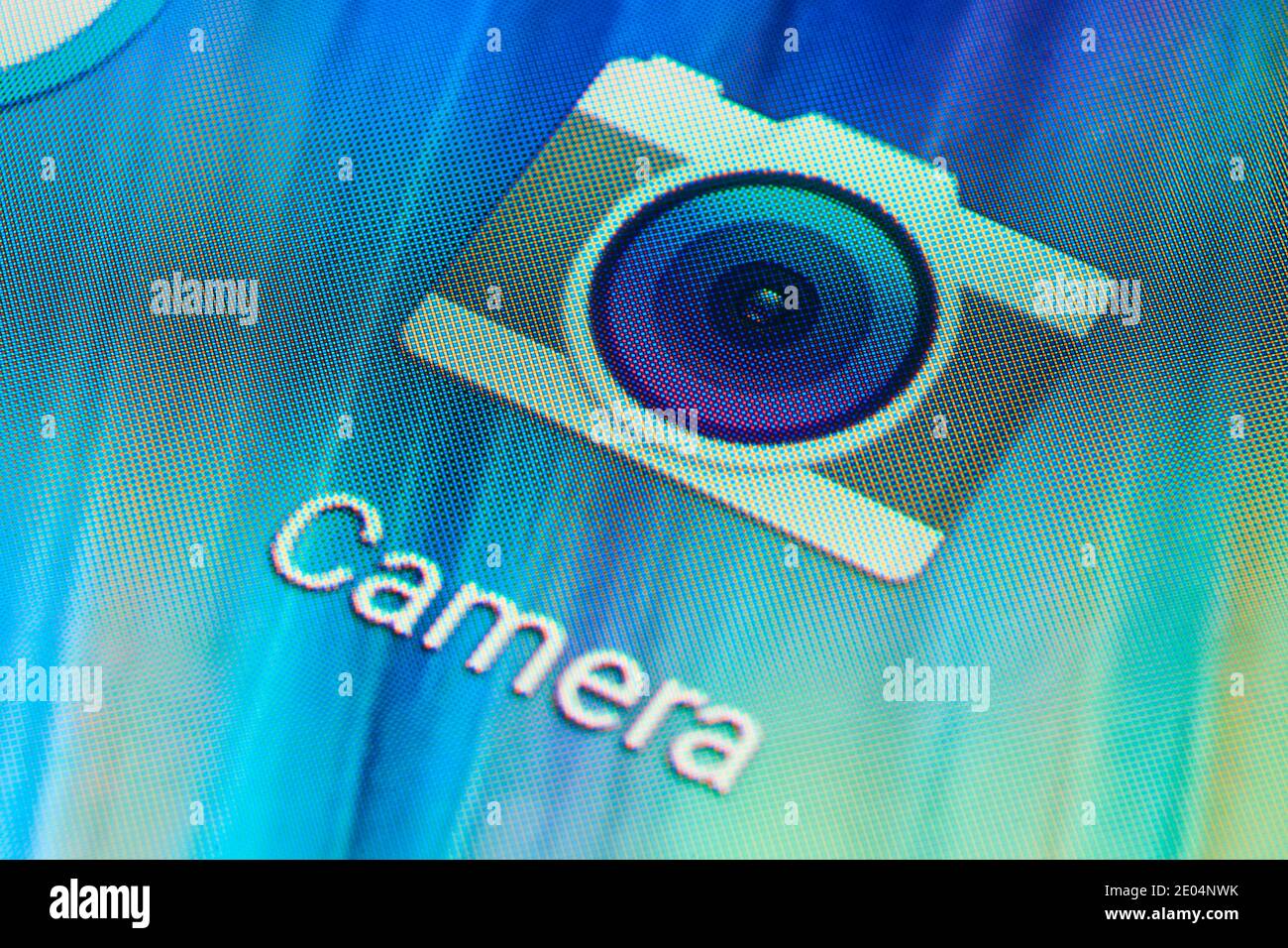 BUENOS AIRES, ARGENTINA - JULY 18, 2019: Macro shot of Camera mobile application icon on Android phone screen. Common camera app for mobile devices. Stock Photo