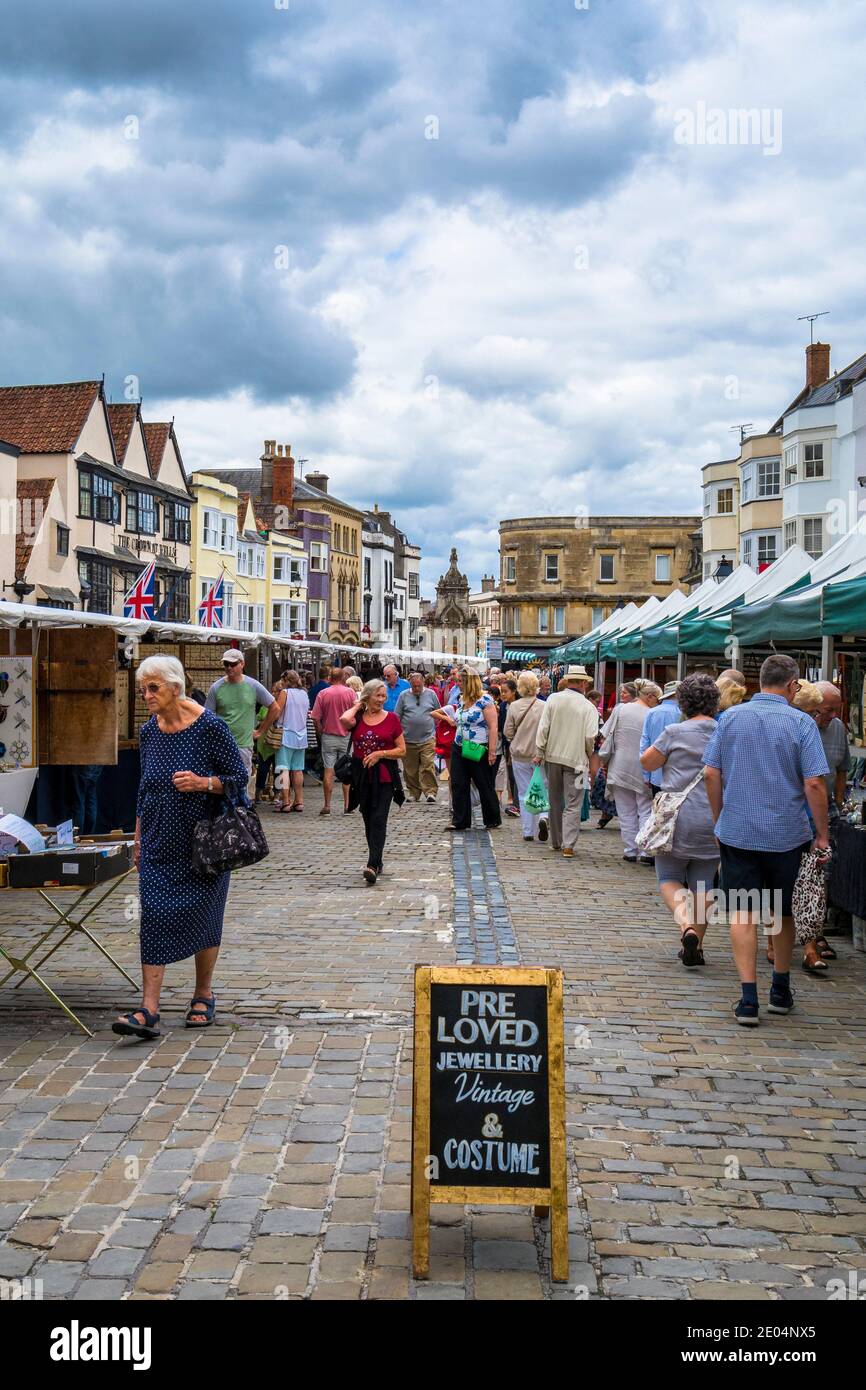 Outdoor street market in Wells, Somerset, England, UK, The market takes