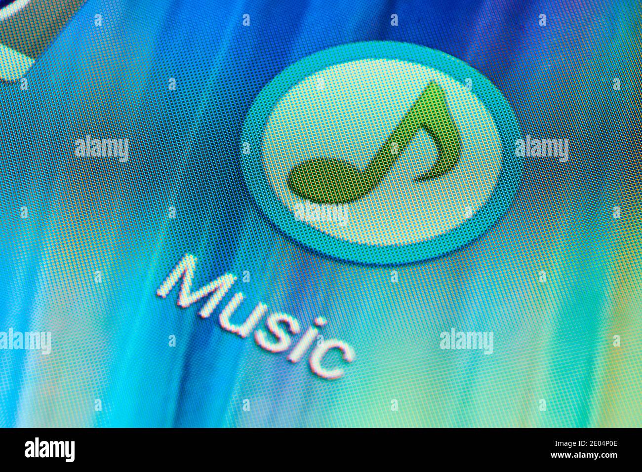 BUENOS AIRES, ARGENTINA - JULY 18, 2019: Macro shot of Music mobile application icon on Android phone screen. Common music and audio player app for mo Stock Photo