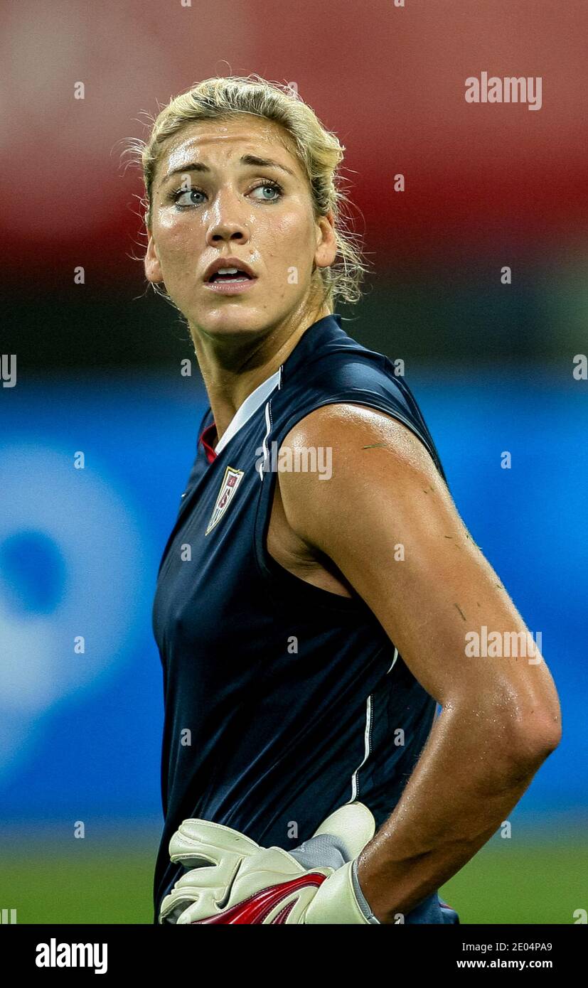 USA WNT goalkeeper Hope Solo during a game during the 2008 Olympic soccer tournament in China. Stock Photo