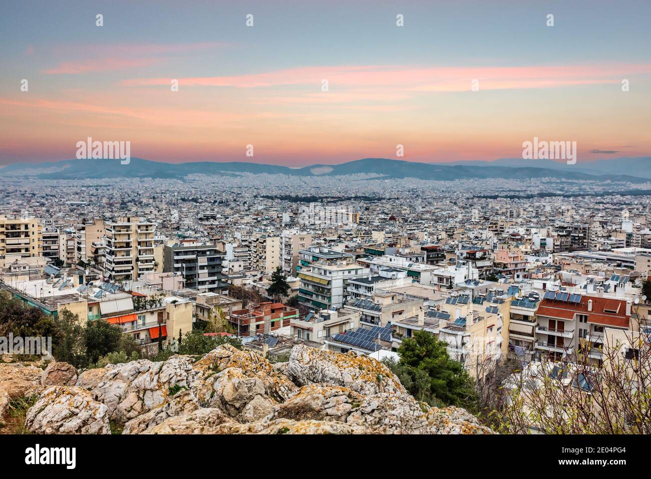 Panoramic view of the Galatsi area at sunset in Athens, Greece Stock Photo