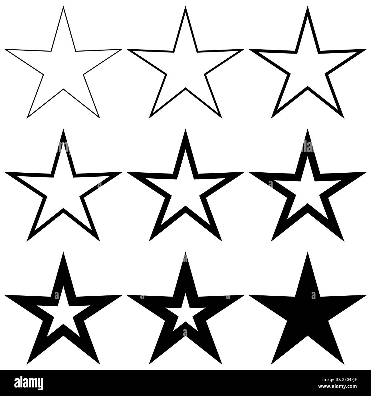 Set pentagonal stars with different stroke thickness, vector logo icon thin and thick star, symbol of radiance, new birth and light Stock Vector